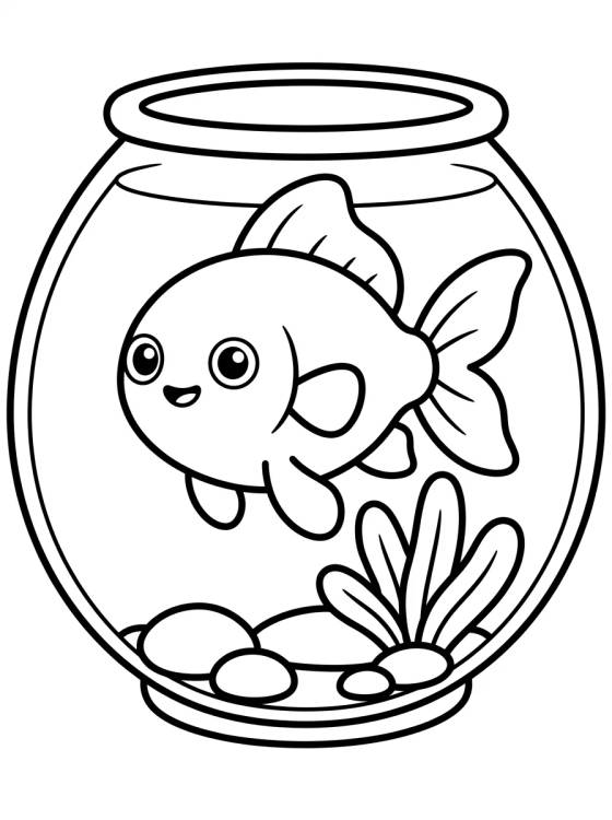 Desenho de Peixe-Dourado em um Aquário Fofo para colorir e imprimir grátis