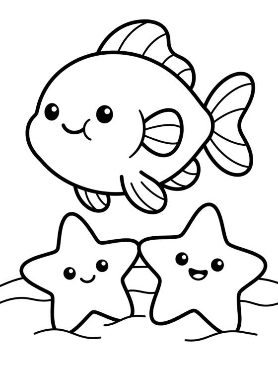 Desenho de Peixinho Fofo e Estrela do Mar para colorir e imprimir grátis