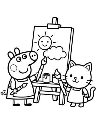 Desenho de Peppa e Candy Gata Pintando Arte para colorir e imprimir grátis