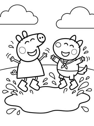 Desenho de Peppa e Danny Cão Pulando na Poça de Lama para colorir e imprimir grátis