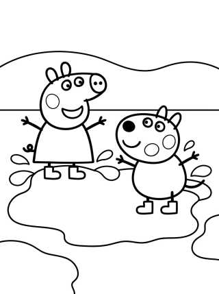Desenho de Peppa e Pedro Pônei nas Poças de Lama para colorir e imprimir grátis