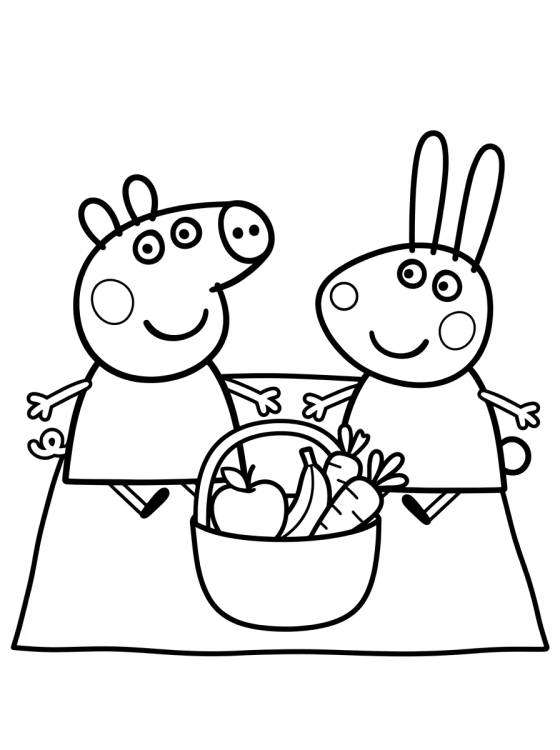 Desenho de Peppa e Rebecca Coelho no Piquenique para colorir e imprimir grátis