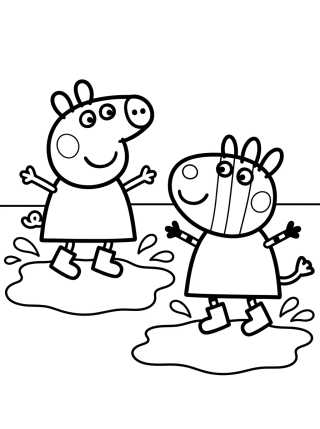 Desenho de Peppa e Zoe Zebra nas Poças de Lama para colorir e imprimir grátis