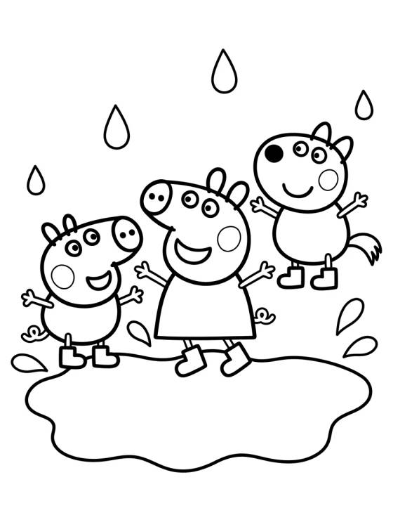 Desenho de Peppa, George e Pedro Pônei na Lama para colorir e imprimir grátis