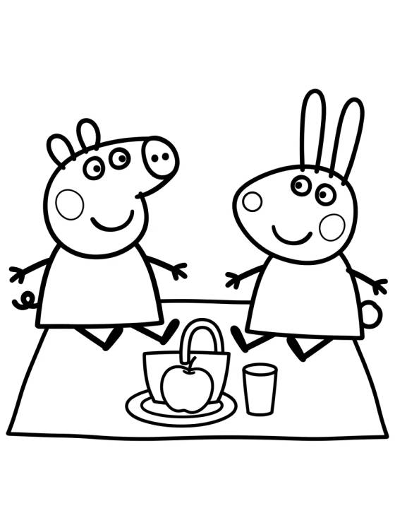 Peppa Pig e a Coelha Rebecca no Piquenique para colorir Desenho de Peppa Pig e a Coelha Rebecca no Piquenique para colorir e imprimir grátis