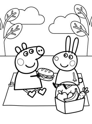 Desenho de Peppa Pig e Rebeca Coelho no Piquenique para colorir e imprimir grátis