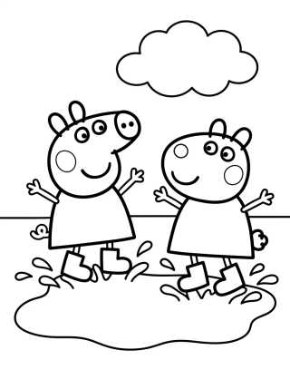 Desenho de Peppa Pig e Suzy Ovelha na Poça de Lama para colorir e imprimir grátis
