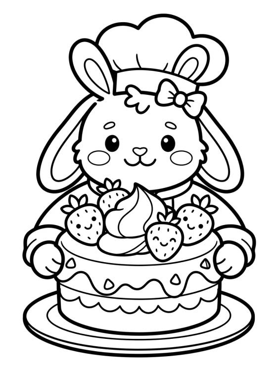 Desenho de Coelhinha Cozinheira com Bolo para colorir e imprimir grátis