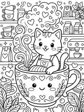 Desenho de Gatinho Barista com Xícara de Chá para colorir e imprimir grátis