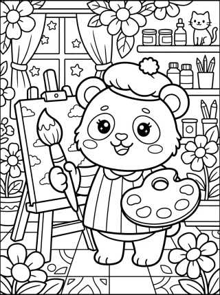 Desenho de Panda Pintor com Paleta de Cores para colorir e imprimir grátis