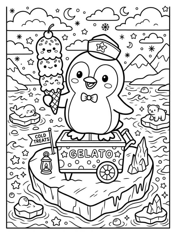 Desenho de Pinguim Sorveteiro no Gelo para colorir e imprimir grátis