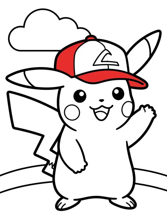 Desenho de Pikachu com Boné do Ash para colorir e imprimir grátis