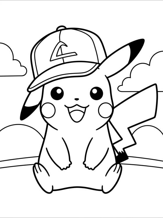 Pikachu com Boné para colorir Desenho de Pikachu com Boné para colorir e imprimir grátis