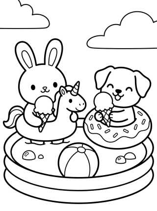 Desenho de Festa na Piscina dos Animais Fofos para colorir e imprimir grátis