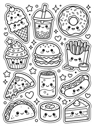 Desenho de Cartela de Adesivos de Comidinhas Kawaii para colorir e imprimir grátis