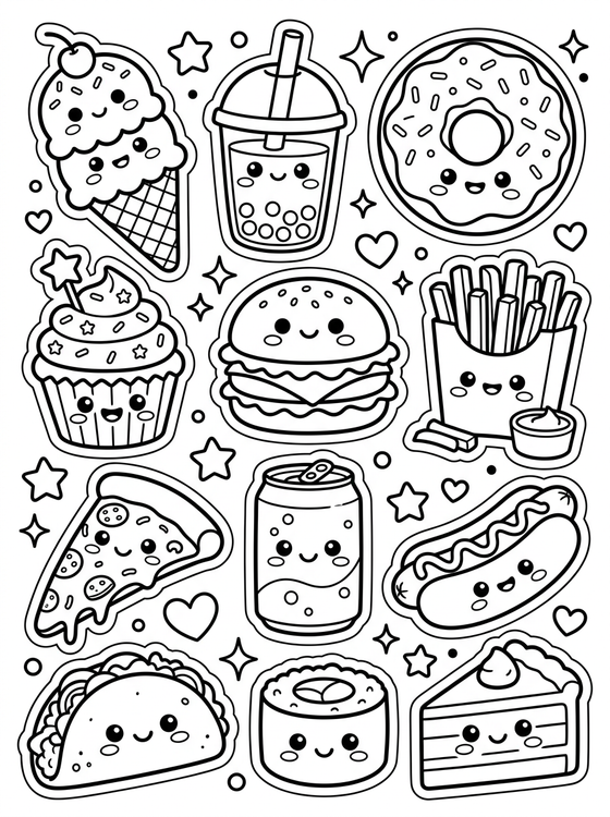 Desenho de Cartela de Adesivos de Comidinhas Kawaii para colorir e imprimir grátis