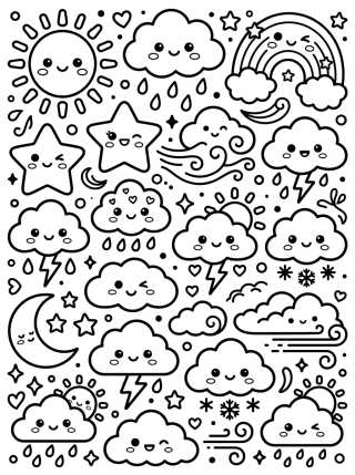 Desenho de Adesivos de Clima e Previsão do Tempo Kawaii para colorir e imprimir grátis