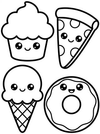 Desenho de Cartela de Adesivos Kawaii de Comidinhas para colorir e imprimir grátis