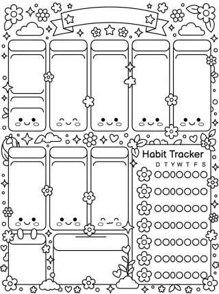 Desenho de Planner Semanal com Habit Tracker Fofo para colorir e imprimir grátis