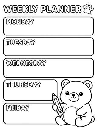 Desenho de Planner Semanal do Ursinho para colorir e imprimir grátis