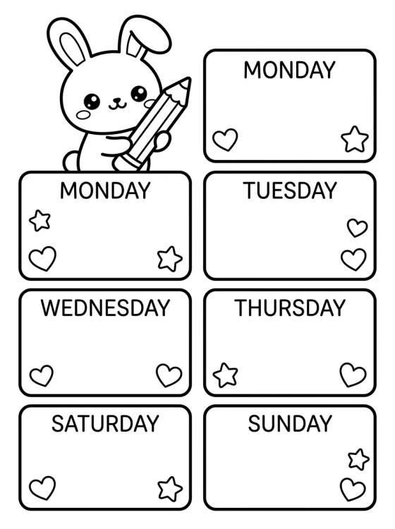 Desenho de Planner Semanal Fofo do Coelhinho para colorir e imprimir grátis