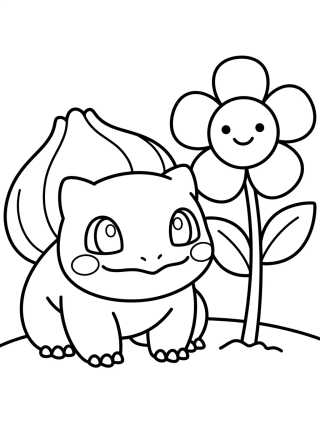 Desenho de Bulbasaur com Flor Fofa para colorir e imprimir grátis
