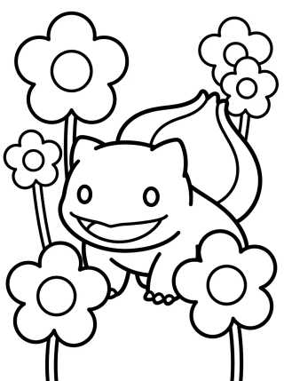 Desenho de Bulbasaur Fofinho entre Flores para colorir e imprimir grátis