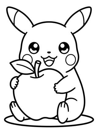 Desenho de Pikachu Fofo Comendo Maçã para colorir e imprimir grátis