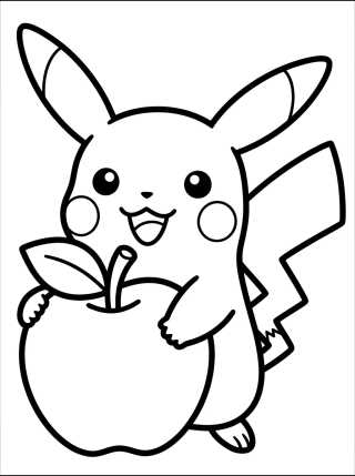 Desenho de Pikachu Fofo sorrindo com Maçã para colorir e imprimir grátis