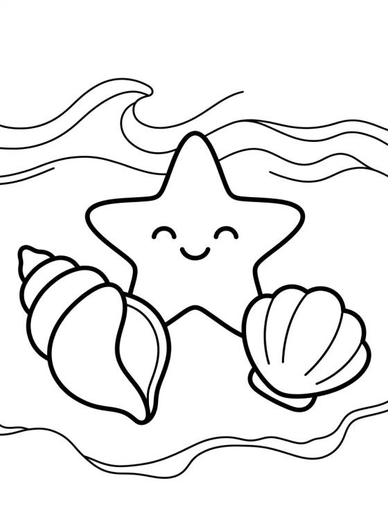 Desenho de Conchas e Estrela do Mar na Areia para colorir e imprimir grátis