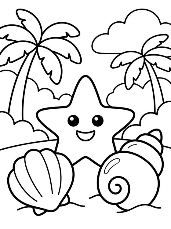 Conchas e Estrela do Mar na Areia para colorir Desenho de Conchas e Estrela do Mar na Areia para colorir e imprimir grátis