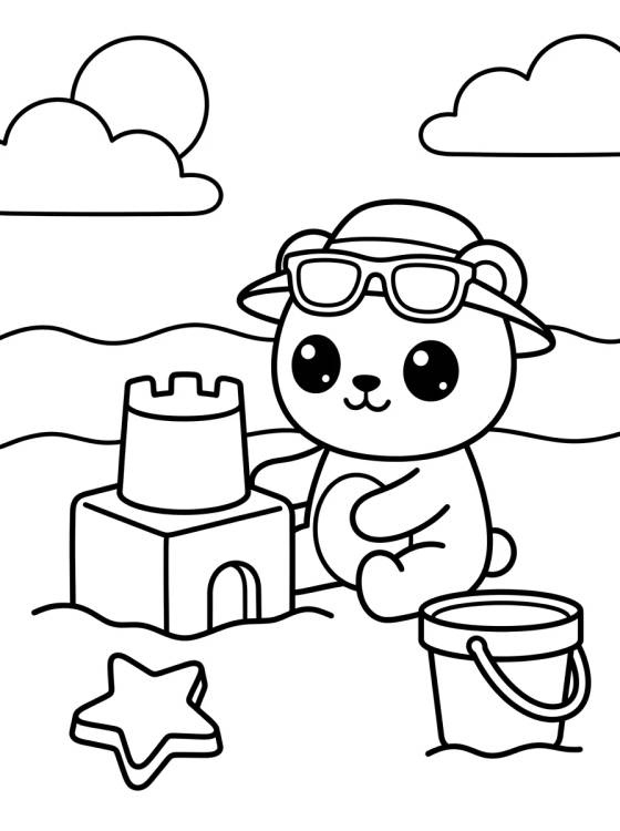 Desenho de Ursinho na Praia Construindo Castelo para colorir e imprimir grátis