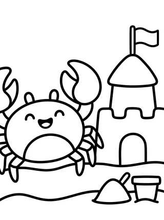 Desenho de Caranguejo Feliz no Castelo de Areia para colorir e imprimir grátis