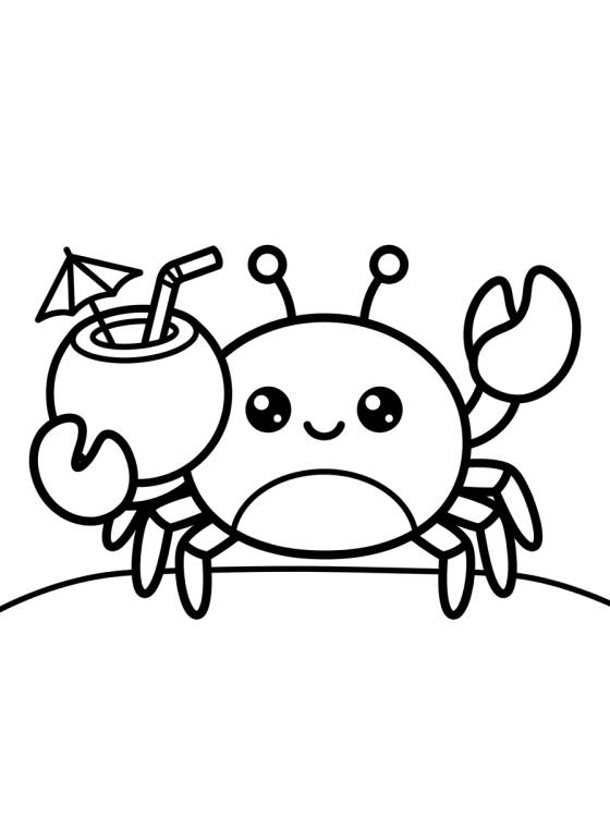 Desenho de Caranguejo Kawaii Tomando Água de Coco para colorir e imprimir grátis