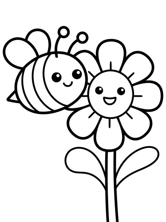 Desenho de Abelhinha Fofa na Flor de Primavera para colorir e imprimir grátis