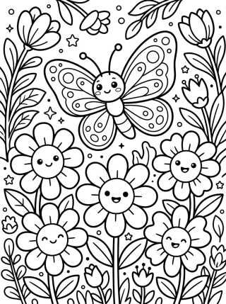 Desenho de Borboleta Fofa no Jardim de Flores para colorir e imprimir grátis