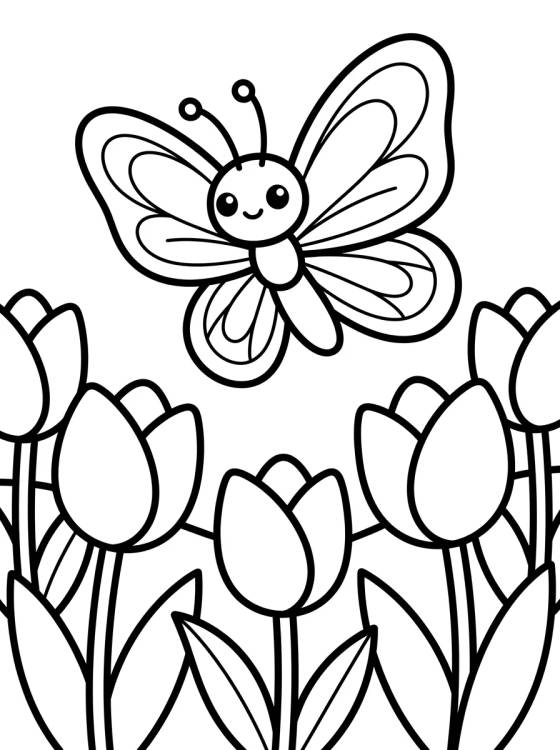 Desenho de Borboleta Kawaii no Jardim de Tulipas para colorir e imprimir grátis