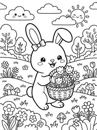 Desenho de Coelhinho com Cesta de Flores para colorir e imprimir grátis
