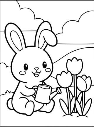 Desenho de Coelhinho no Jardim de Primavera para colorir e imprimir grátis