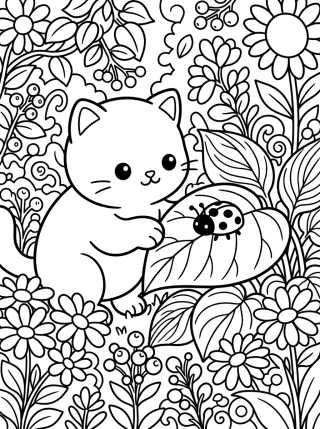 Desenho de Gatinho Brincando com Joaninha para colorir e imprimir grátis
