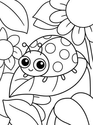 Desenho de Joaninha Fofa nas Flores para colorir e imprimir grátis