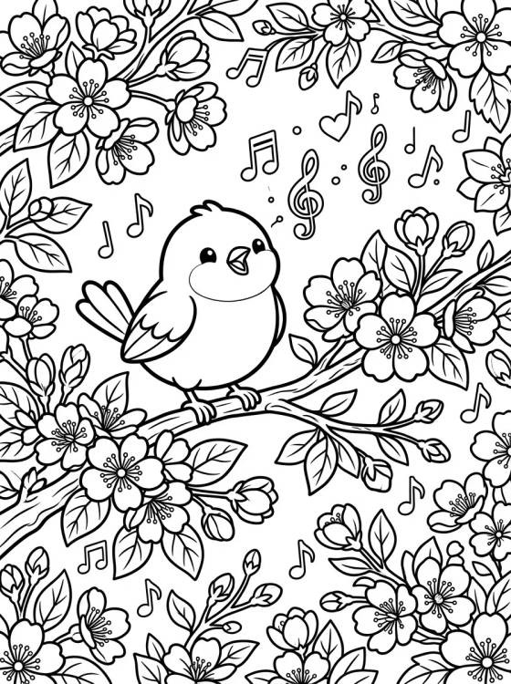 Desenho de Passarinho Cantando no Galho Florido para colorir e imprimir grátis