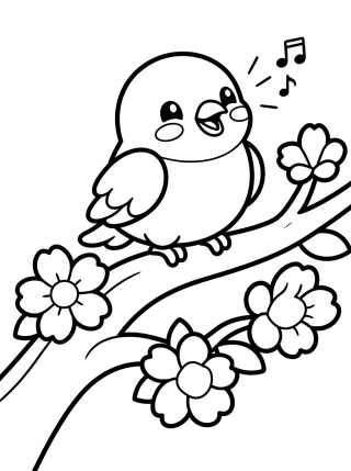 Desenho de Passarinho Cantando no Galho Florido para colorir e imprimir grátis