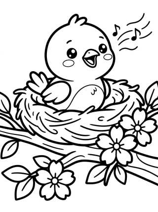 Desenho de Passarinho no Ninho Florido para colorir e imprimir grátis