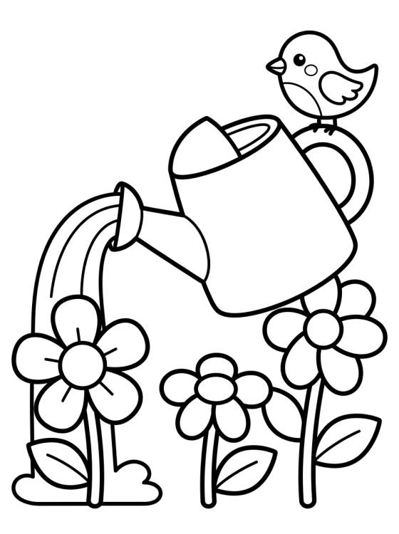 Desenho de Regador de Flores e Passarinho para colorir e imprimir grátis