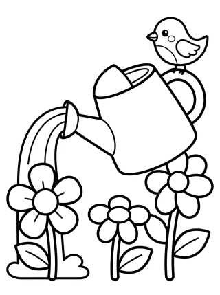 Regador de Flores e Passarinho para colorir Desenho de Regador de Flores e Passarinho para colorir e imprimir grátis