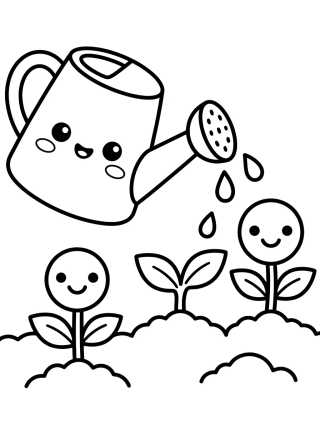 Desenho de Regador Fofo e Brotinhos Sorridentes para colorir e imprimir grátis