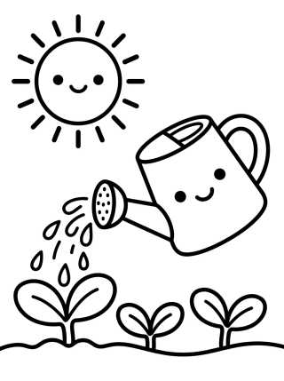 Desenho de Regador Sorridente e Flores para colorir e imprimir grátis