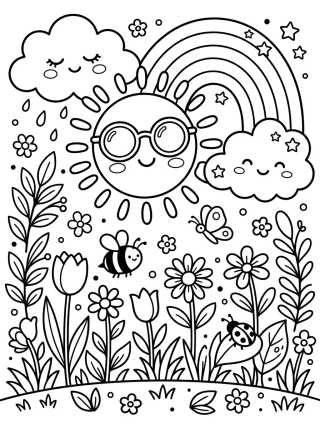 Desenho de Sol Sorridente e Arco-Íris de Primavera para colorir e imprimir grátis