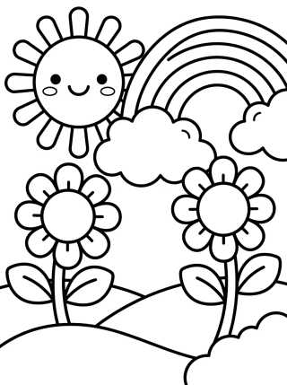 Desenho de Sol Sorridente e Arco-Íris no Jardim para colorir e imprimir grátis